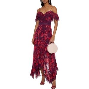 Alice & Olivia Harper cold-shoulder lace-trimmed floral georgette midi dress